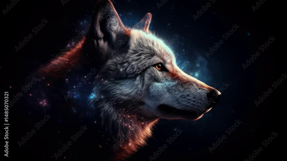 Poster Wolf in cosmic space. Loop Animation.