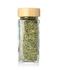 Dried parsley in spice jar isolated on white