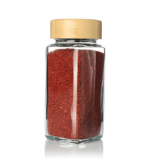 Ground red pepper in spice jar isolated on white