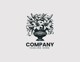 Obraz premium Detailed Black and White Lily Flower in Ornate Pot Vector Logo Design, Intricate Black White Lily Flower Decorated Pot Vector Logo