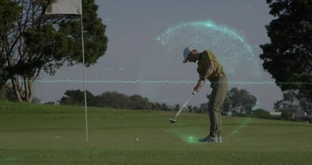 Male golfer putting on golf green, technology overlay displaying digital particles and waveform - Powered by Adobe