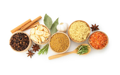Different aromatic spices isolated on white, top view