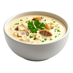 Creamy soup in bowl with herbs