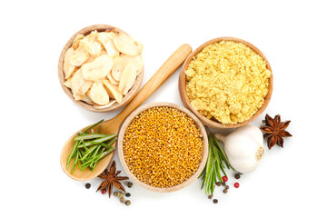 Different aromatic spices isolated on white, top view