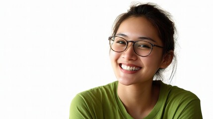 Obraz premium Cheerful Asian Woman in Glasses Smiling in Green Shirt Portrait
