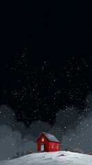 Fototapeta premium Red House in Snowy Night Landscape Pixel Art