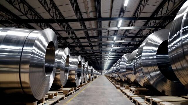 Spinning metal coils in industrial warehouse: dynamic motion and reflection patterns