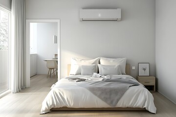 Bright White Bedroom with Air Conditioner, Bed, Book, and Open Door