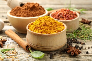Different aromatic spices on wooden table, closeup