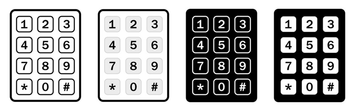 Set of telephone keypad vector icons in different black and white styles. Includes numbers 0 to 9, star, and hash keys. Telephone keypad icon set isolated. Vector illustration.