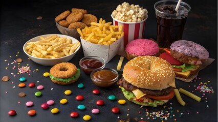 Colorful fast food assortment with burgers, fries, soda, popcorn, and candies on dark background
