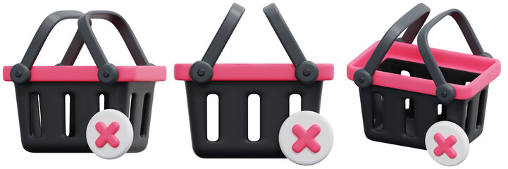 Set of Pink and Black 3D Shopping Basket with Cancel Icon 3d Render Icon Illustration