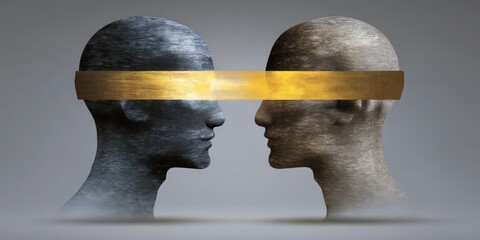 Conceptual representation of two interconnected faces with vision obscured by a golden band illustrating the essence of perception and understanding in a transformative visual environment