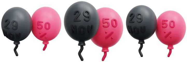 Set of Pink and Black Balloons with Percentage Discounts 3d Render Icon Illustration