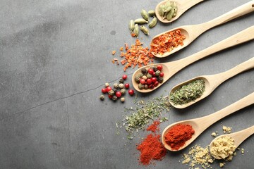 Many different spices in spoons on grey table, flat lay. Space for text