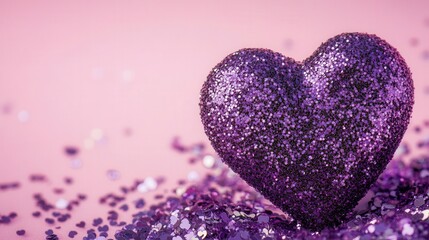 Fototapeta premium Glittering purple heart on a light pink background