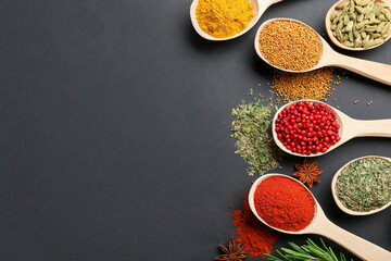 Different aromatic spices in spoons on black table, flat lay. Space for text