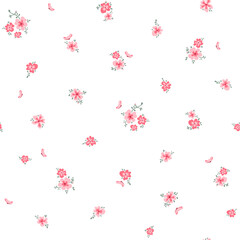 Vector illustration. Seamless pattern of delicate small pink flowers on a white background. Ditsy floral pattern, field of flowers, print for fabric, textile, wallpaper, print for kids, dress