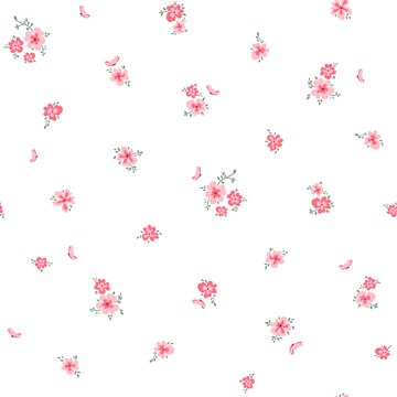 Vector illustration. Seamless pattern of delicate small pink flowers on a white background. Ditsy floral pattern, field of flowers, print for fabric, textile, wallpaper, print for kids, dress
