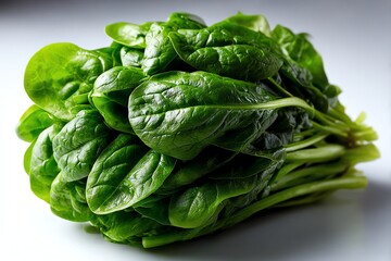 Fresh, vibrant spinach on a clean white background. Perfect for healthy food concepts, cooking blogs, and nutrition-related designs. Isolated, high-quality image