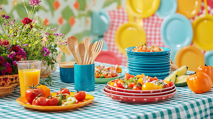 A table with a variety of food and a blue container with a spoon