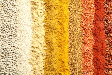Many different spices as background, top view