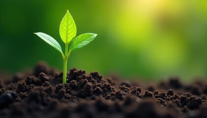 A vibrant green plant sprout emerges from rich soil, showcasing early growth , stem, detail