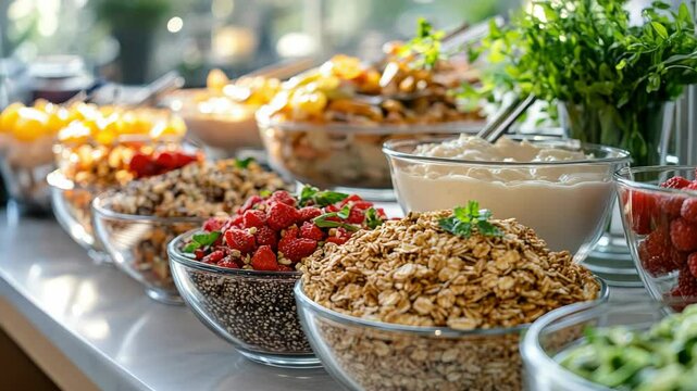 Healthy breakfast buffet setup with bowls of oatmeal, granola, raspberries, and diced peaches, surrounded by fresh fruits and cereals in a hotel dining area, morning nutrition concept