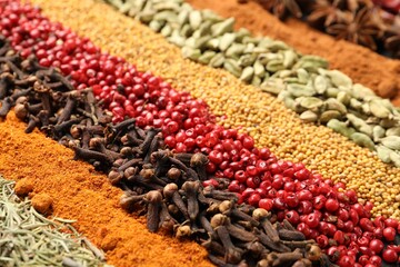 Many different spices as background, closeup view
