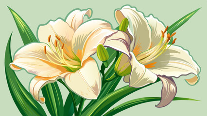 Obraz premium Pale cream daylilies flowers or Hemerocallis. Daylilies on green leaves background. Flower beds with flowers in garden. Closeup. Soft selective focus.
