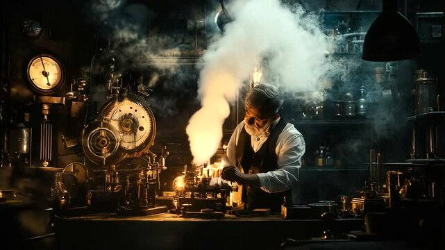 Steampunk alchemist working in a dark laboratory.