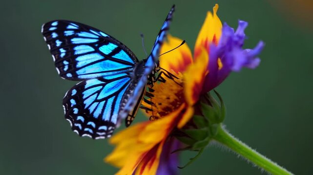 Blue tiger butterfly on vibrant orange and purple flower petals with wings spread wide in natural environment

