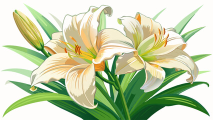 Obraz premium Pale cream daylilies flowers or Hemerocallis. Daylilies on green leaves background. Flower beds with flowers in garden. Closeup. Soft selective focus.