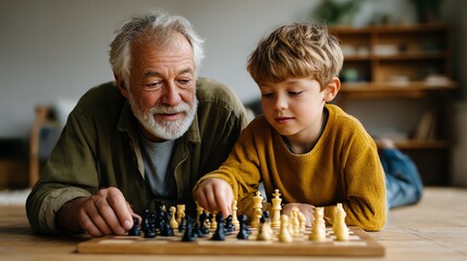 Heartwarming moment of a grandfather teaching chess to his grandson on a wooden floor, shot in natural light with space left for design use.