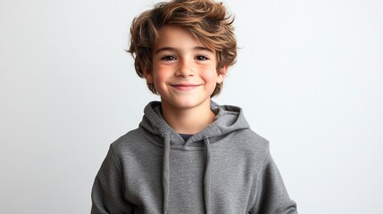 Happy young boy in a gray hoodie