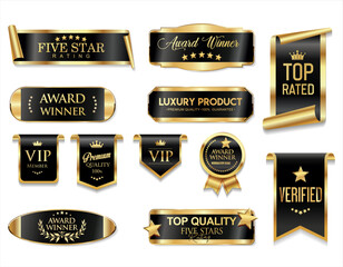 Top rated and award winner gold and black badge and emblem collection stock illustration 