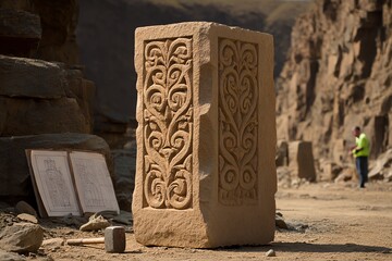 Skilled stonemason chisels intricate floral motifs on stone, showcasing heritage craftsmanship, precision, and timeless decorative artistry.