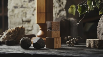 Geometric wooden balance cubes casting dramatic shadows on stone surface in architectural concept