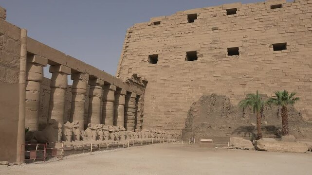 Close-Up of Karnak Temple&rsquo;s Stone Architecture with Lion Statues