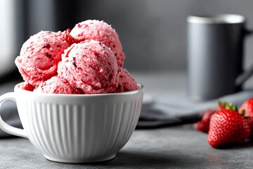 Delicious strawberry ice cream in a white ceramic bowl on a minimalist gray background &mdash; perfect for summer dessert, food blogs, or product promotions.