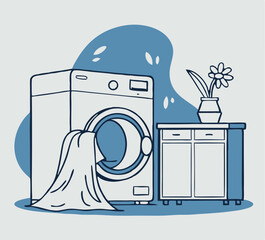 Minimalist illustration of a washing machine laundry room interior and home decor elements