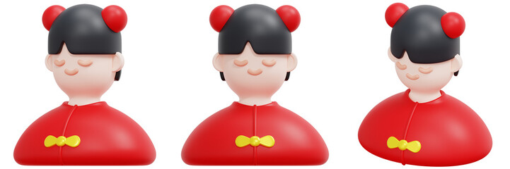 Set of Cute Young Girl Avatar in Red Dress 3d Render Icon Illustration