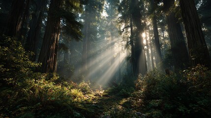 Cinematic sunbeams pierce through an ancient redwood forest with atmospheric mist and ultra-detailed foliage&mdash;perfect for nature, fantasy, or background themes.