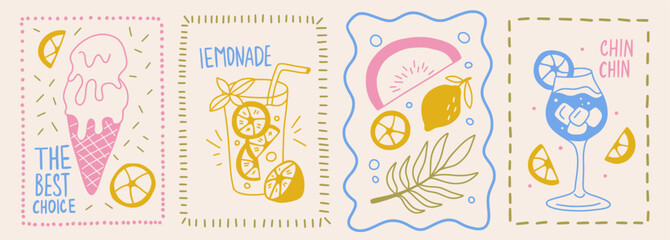 Posters with doodle italian food in ink style. Outline multicolor wine with glass and fruit lemons. Retro frame border element design.
