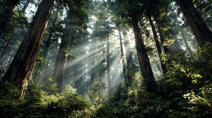 Cinematic sunbeams pierce through an ancient redwood forest with atmospheric mist and ultra-detailed foliage&mdash;perfect for nature, fantasy, or background themes.