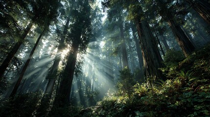 Cinematic sunbeams pierce through an ancient redwood forest with atmospheric mist and ultra-detailed foliage&mdash;perfect for nature, fantasy, or background themes.