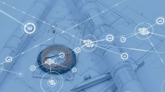 Blueprint layout showing magnetic compass on desk, with flat design network connecting global data
