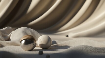 Obraz premium Abstract white drapery with sphere objects on wavy surface in modern visual minimalist decor setup