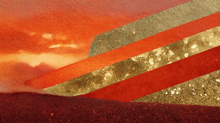 Sunset orange background with golden foil stripes and irregular triangle patterns. A grainy, modern, luxurious texture perfect for stylish abstract designs.