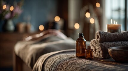 Serene spa experience with a person receiving a soothing massage on a comfortable table, illuminated by soft candlelight and surrounded by essential oils, creating a tranquil and relaxing atmosphere.